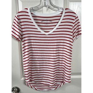 AERO Seriously Soft Striped V-Neck Tee Casual Top Red‎ White XS Y2K Coastal